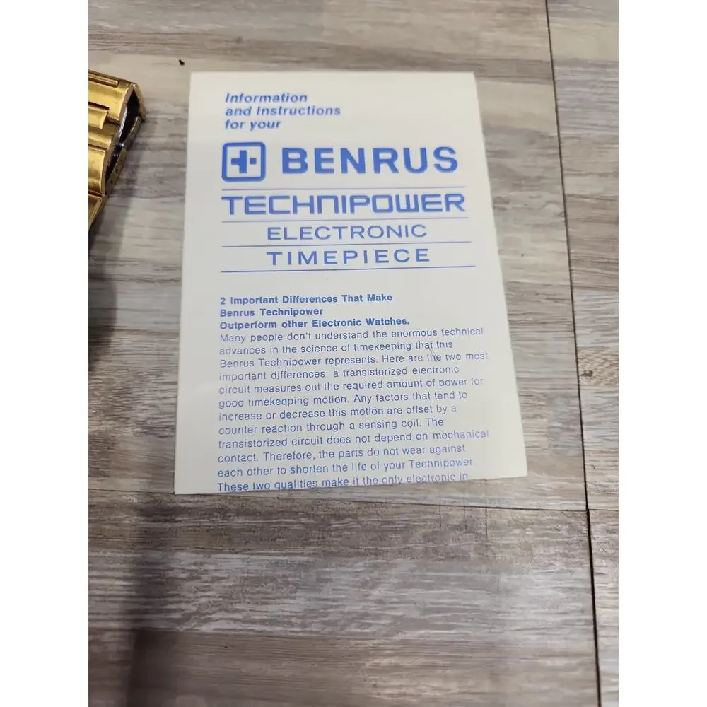 Vintage BENRUS Electronic Technipower Gold Tone Mens Watch, Box And Papers